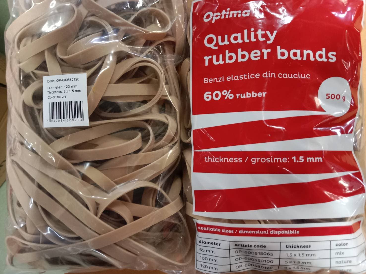 Elastice pentru bani, 60% cauciuc, 500gr./punga, D120, grosime 8mm x 1.5mm, Optima - natural