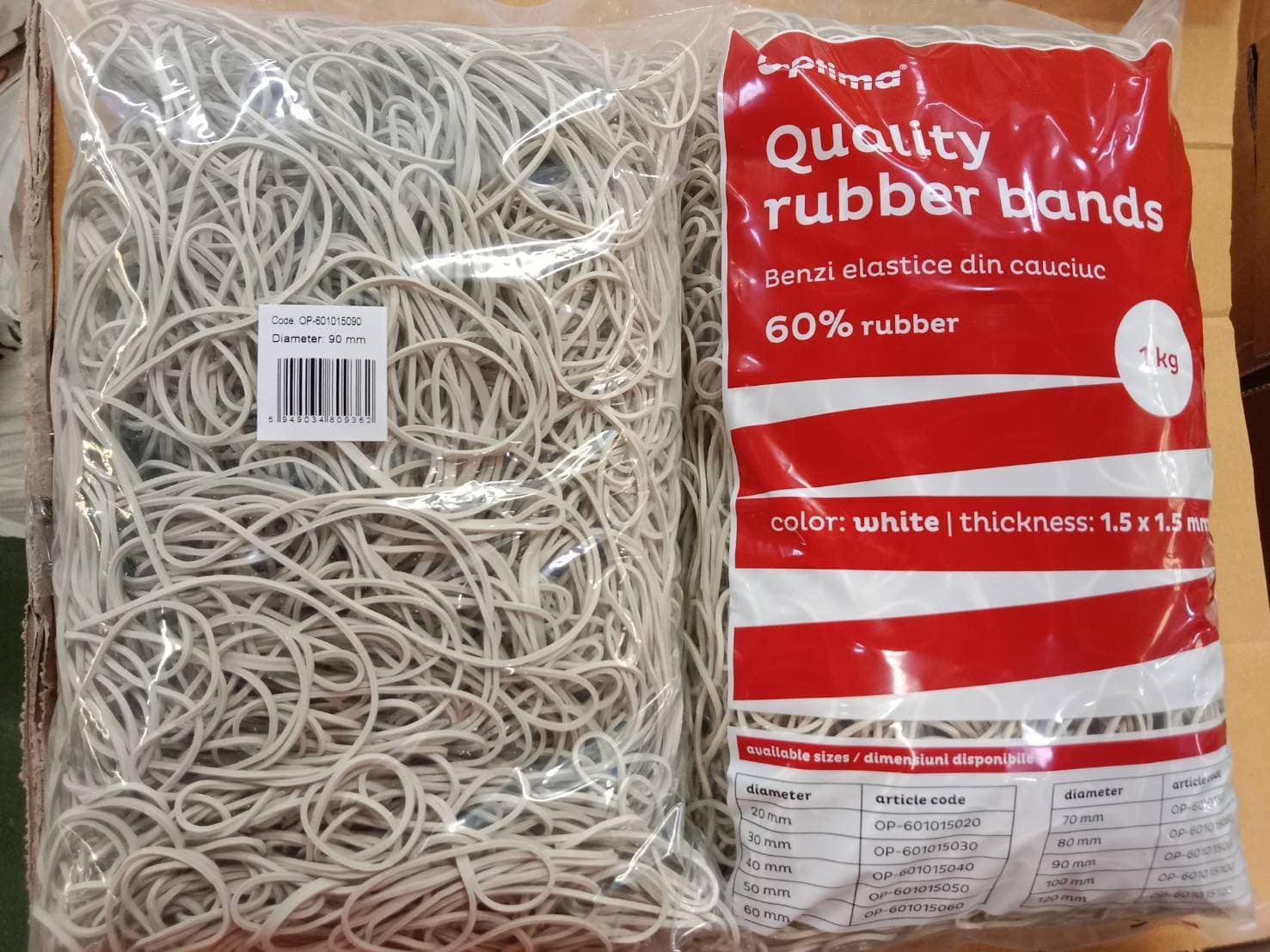Elastice pentru bani, 60% cauciuc, 1kg/punga, D 90, grosime 1.5mm x 1.5mm, Optima - albe