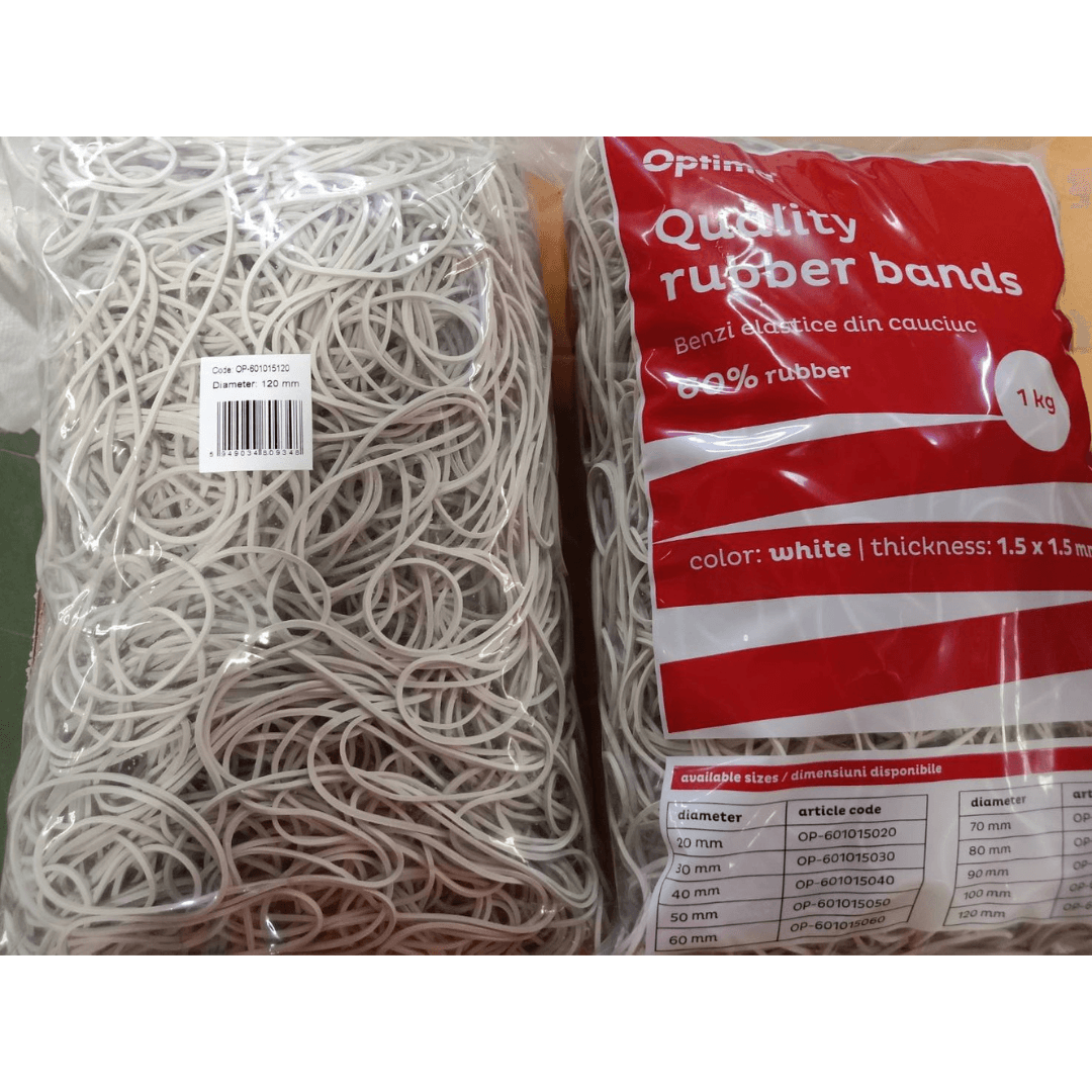 Elastice pentru bani, 60% cauciuc, 1kg/punga, D120, grosime 1.5mm x 1.5mm, Optima - albe