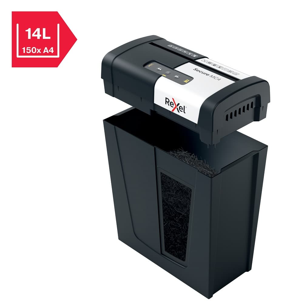 Distrugator documente manual REXEL SECURE MC4, P5, micro-cut (particule), 4 coli, 14l, negru-arginti