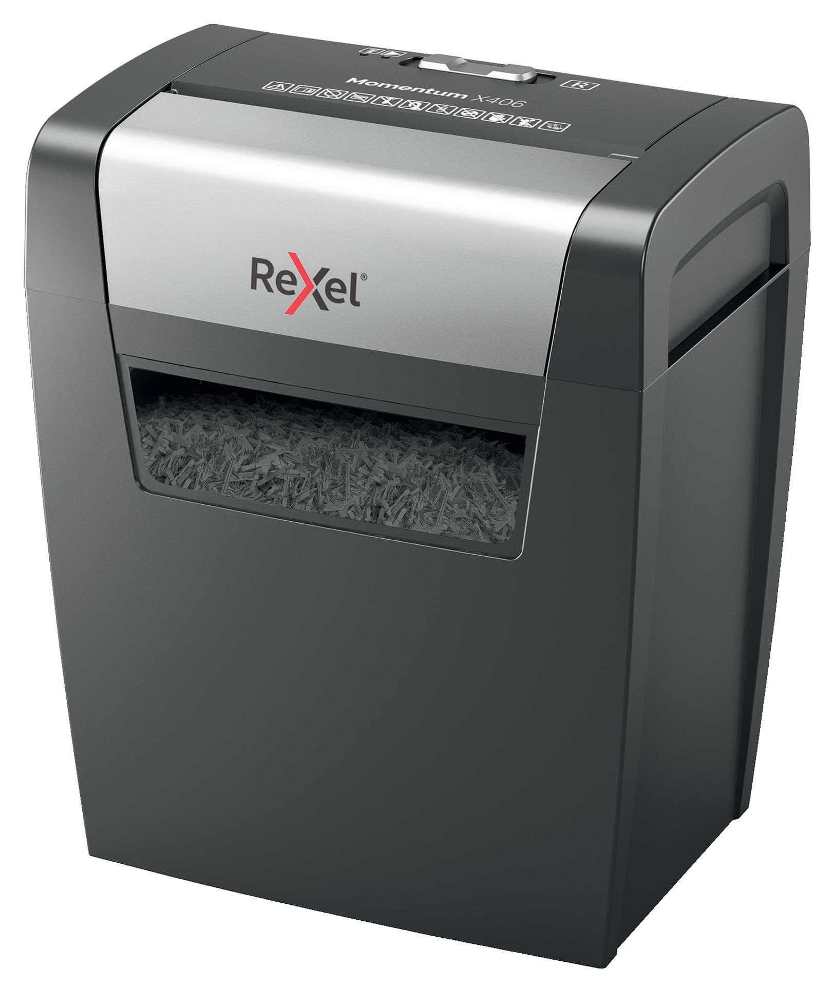 Distrugator documente manual REXEL MOMENTUM X406, P4, cross-cut (confeti), 6 coli, cos 15l, negru