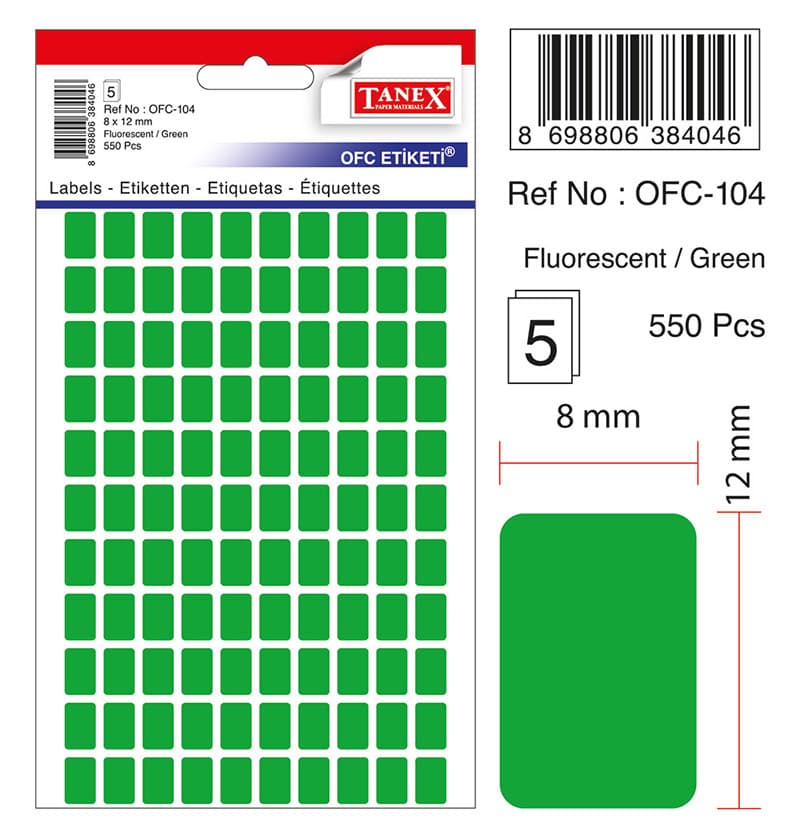 Etichete autoadezive color, 8 x 12 mm, 550 buc/set, TANEX - verde fluorescent