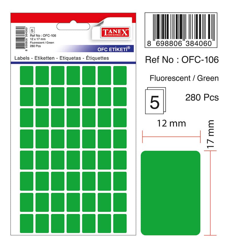 Etichete autoadezive color, 12 x 17 mm, 280 buc/set, TANEX - verde fluorescent