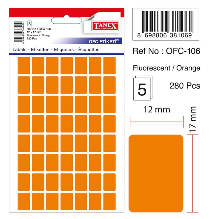 Etichete autoadezive color, 12 x 17 mm, 280 buc/set, TANEX - orange fluorescent