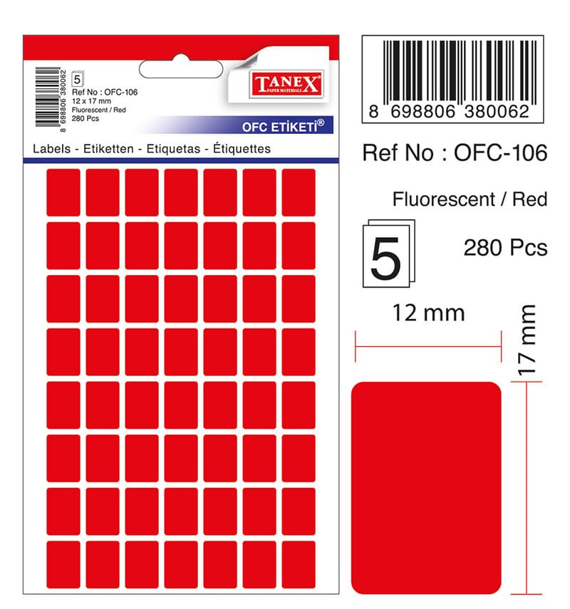 Etichete autoadezive color, 12 x 17 mm, 280 buc/set, TANEX - rosu fluorescent