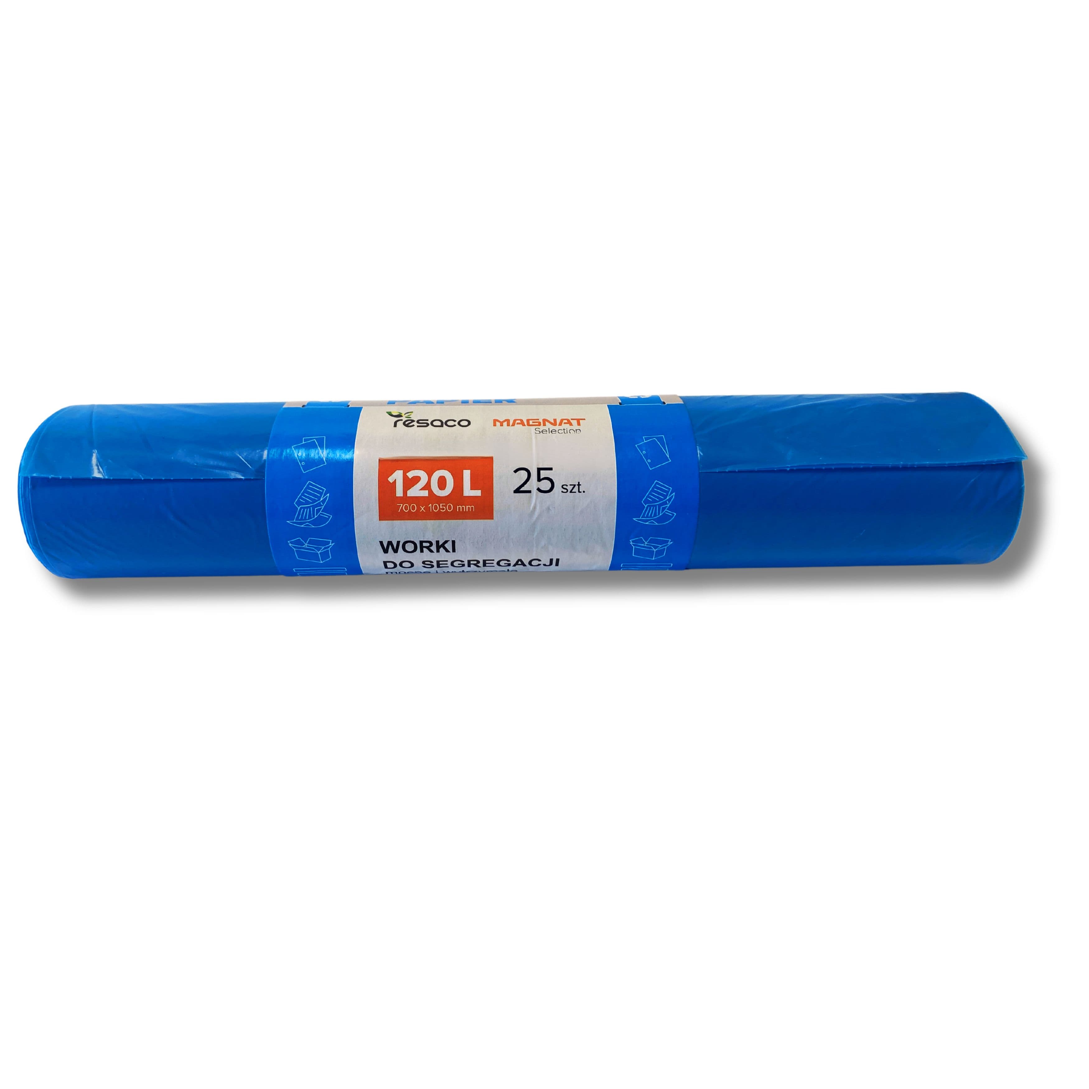 Saci plastic reciclat, standard, 120L, 69x105cm, 25 mic, 25buc/rola, Resaco - albastri - deseuri de