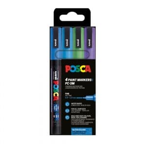 Marker UNI Posca PC-3ML, varf rotund, 0.9-1.3mm, set 4 culori reci, cu sclipici