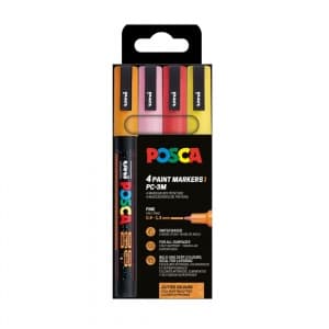 Marker UNI Posca PC-3ML, varf rotund, 0.9-1.3mm, set 4 culori calde, cu sclipici