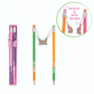 Creion grafit Trendhaus CH32370, HB, cu guma de sters, cu pandantiv fluture metalic, set 2 buc