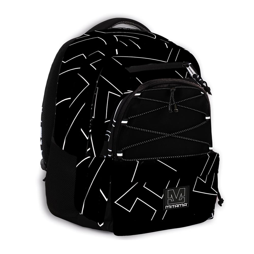 Ghiozdan Mitama, 3 compartimente, design alb cu negru, 43 x 32 x 22 cm