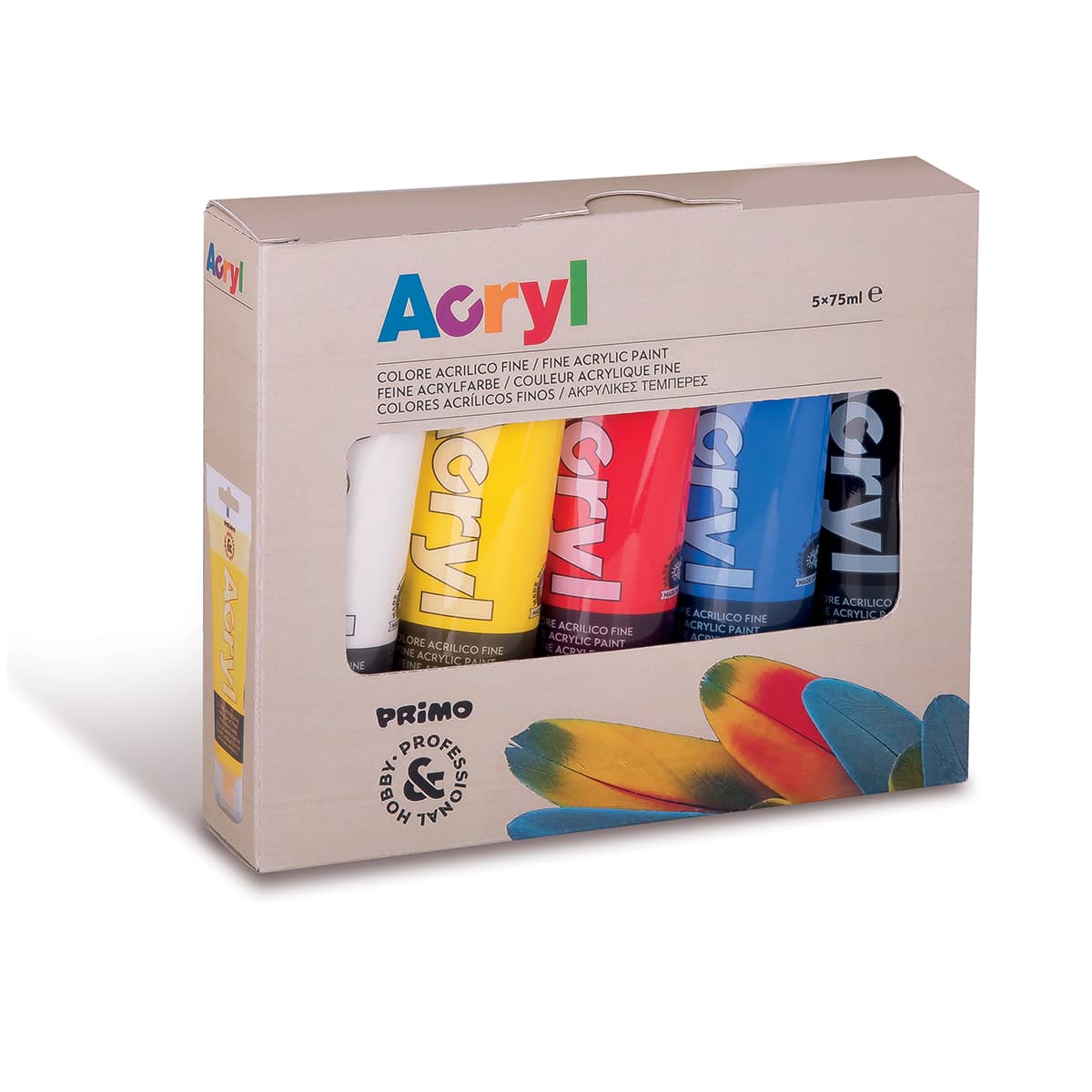 Tempera acrilica Morocolor Primo 75 ml, 5 culori de baza: alb, galben, rosu, albastru