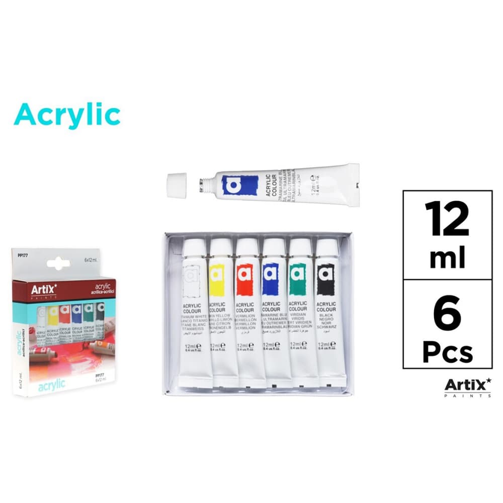 Tempera acrilica Artix, 12 ml, 6 culori