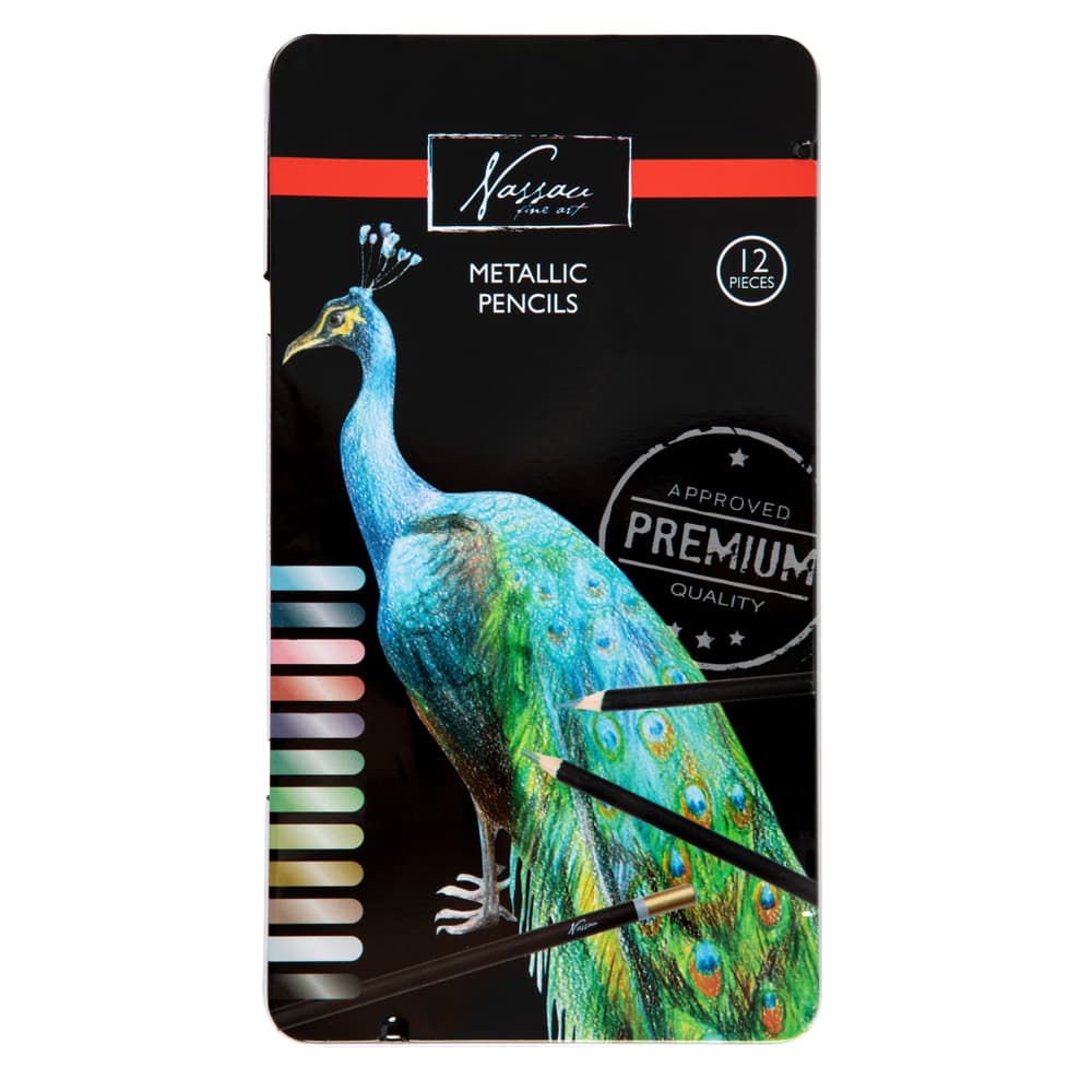 Creioane colorate, Nassau Fine Art, 12 culori metalice, in cutie metalica