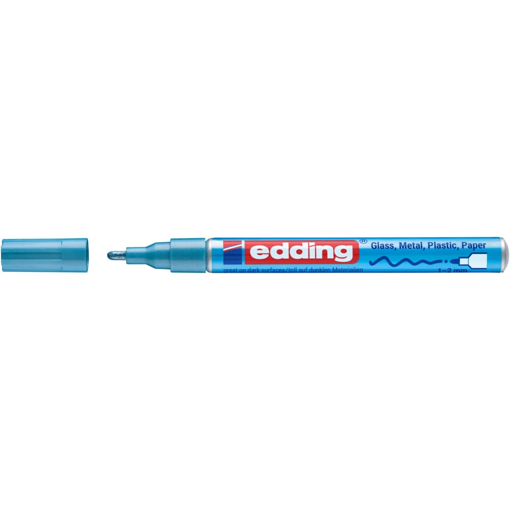 Marker cu vopsea Edding 751, varf rotund 1-2 mm, albastru metalic, rezistent la apa