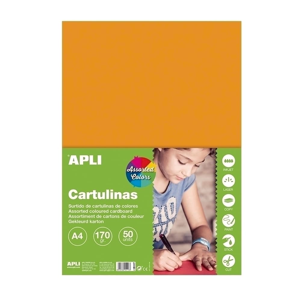 Carton colorat Apli, format A4, 50 file, 5 culori intense