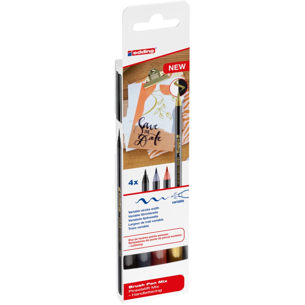 Set markere pensula Edding 1340, 4 culori, varf flexibil 1-6 mm, pentru scriere si desen