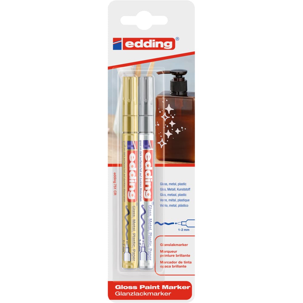 Marker cu vopsea Edding 751, corp metalic, varf rotund 1-2 mm, pachet 2 bucati auriu/argintiu