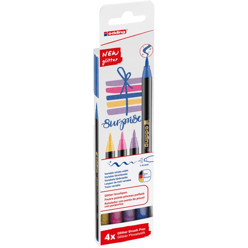 Set markere Edding 1340 Glitter, varf tip pensula, 1-6 mm, 4 culori