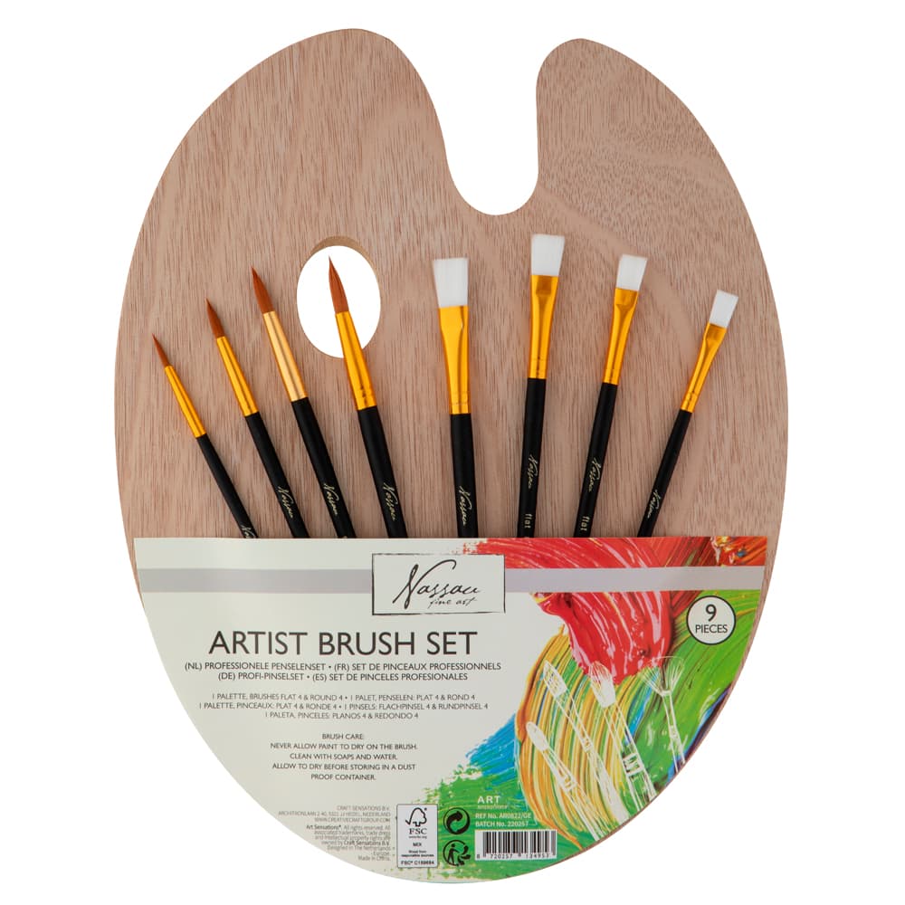 Set 8 pensule Nassau, cu paleta din lemn
