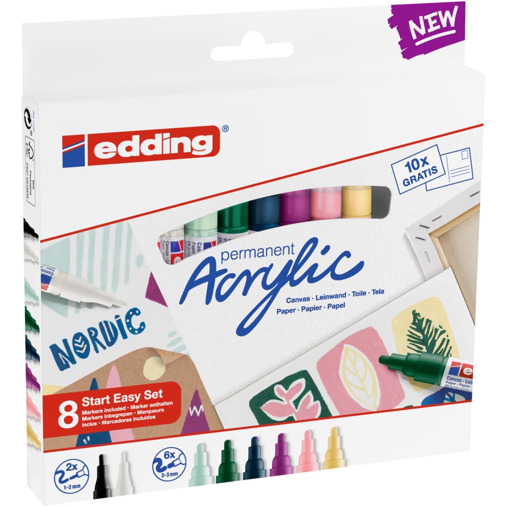 Set markere acrilice Edding Start Easy, 8 bucati, varf fin si mediu, ideal pentru pictura pe panza sau lemn