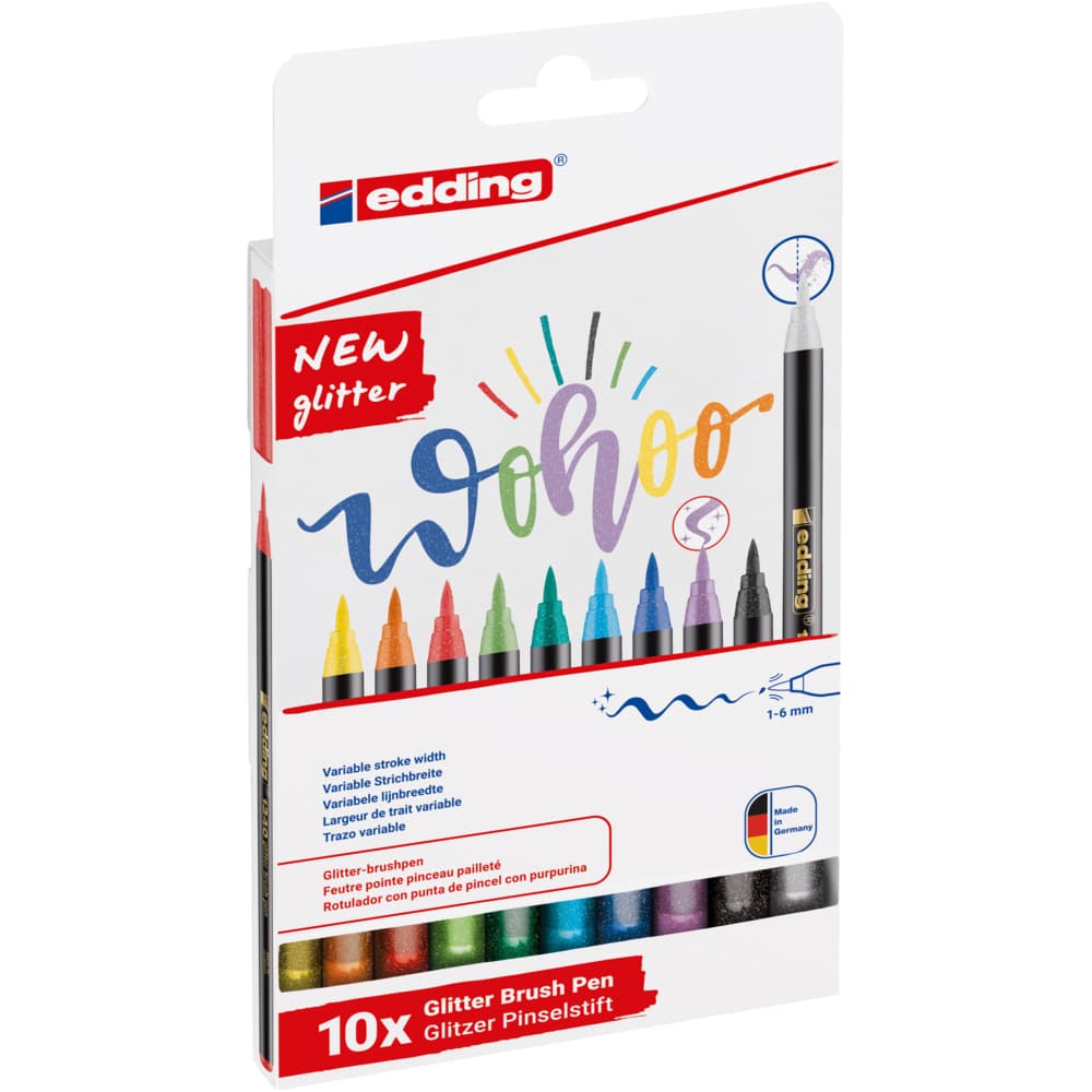 Marker Edding 1340 Glitter, set 10 culori, varf tip pensula, 1-6 mm, multicolor