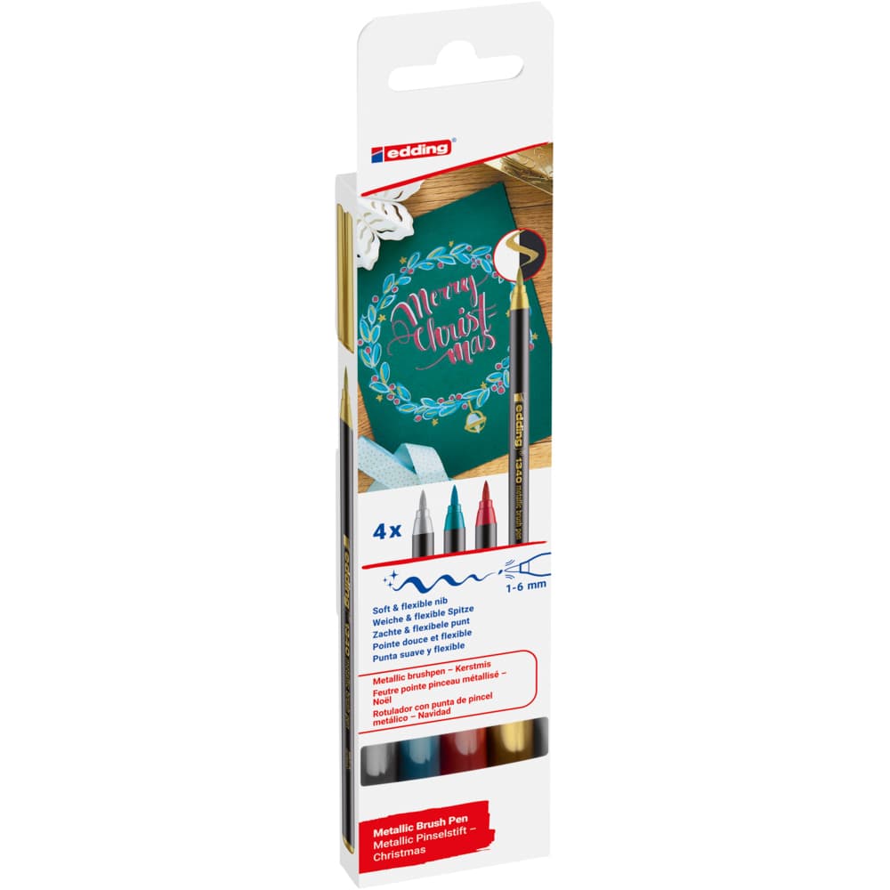 Marker Edding 1340 Metallic, set 4 culori, varf tip pensula 1-6 mm, culori metalice