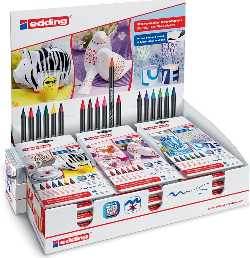 Display markere Edding 4200, 18 seturi, varf pensula flexibil, rezistent la masina de spalat vase