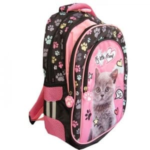 Ghiozdan St.Majewski My Little Friend Cat, 4 compartimente, 2 buzunare, roz cu negru, 34468