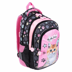 Ghiozdan St.Majewski My Little Friend Cat, 4 compartimente, 2 buzunare, roz cu negru, 642746