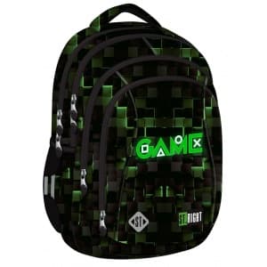 Ghiozdan St.Majewski St.Right Green Game, 43cm, 4 compartimente, negru cu verde