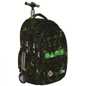 Ghiozdan St.Majewski St.Right Green Game, 44cm, 4 compartimente, tip troller, roti silicon, negru