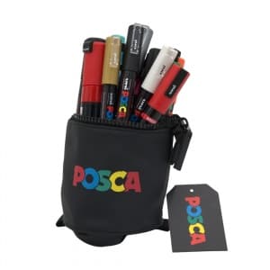 Penar echipat UNI Posca, Stand UP, cilindric, 1 fermoar, negru, 18buc