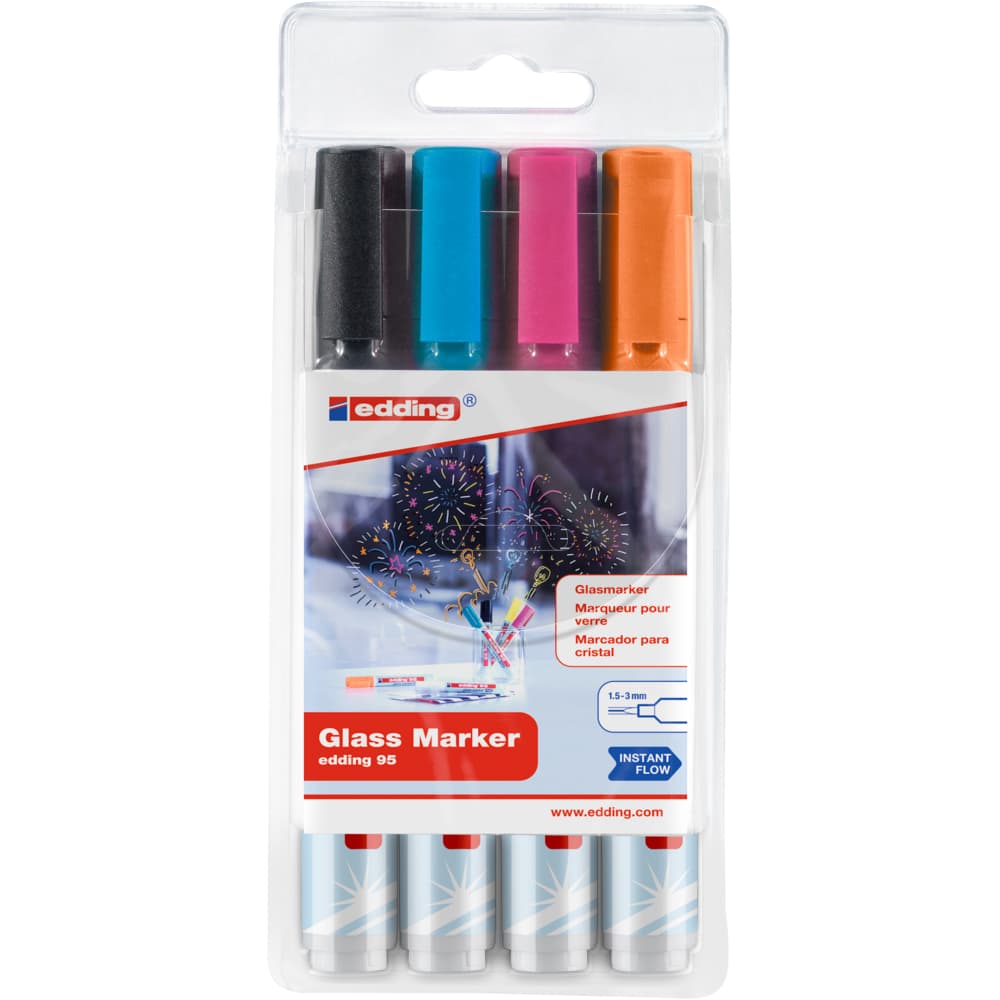 Marker pentru sticla Edding 95, set 4 culori asortate, varf rotund 1.5-3 mm, usor de sters