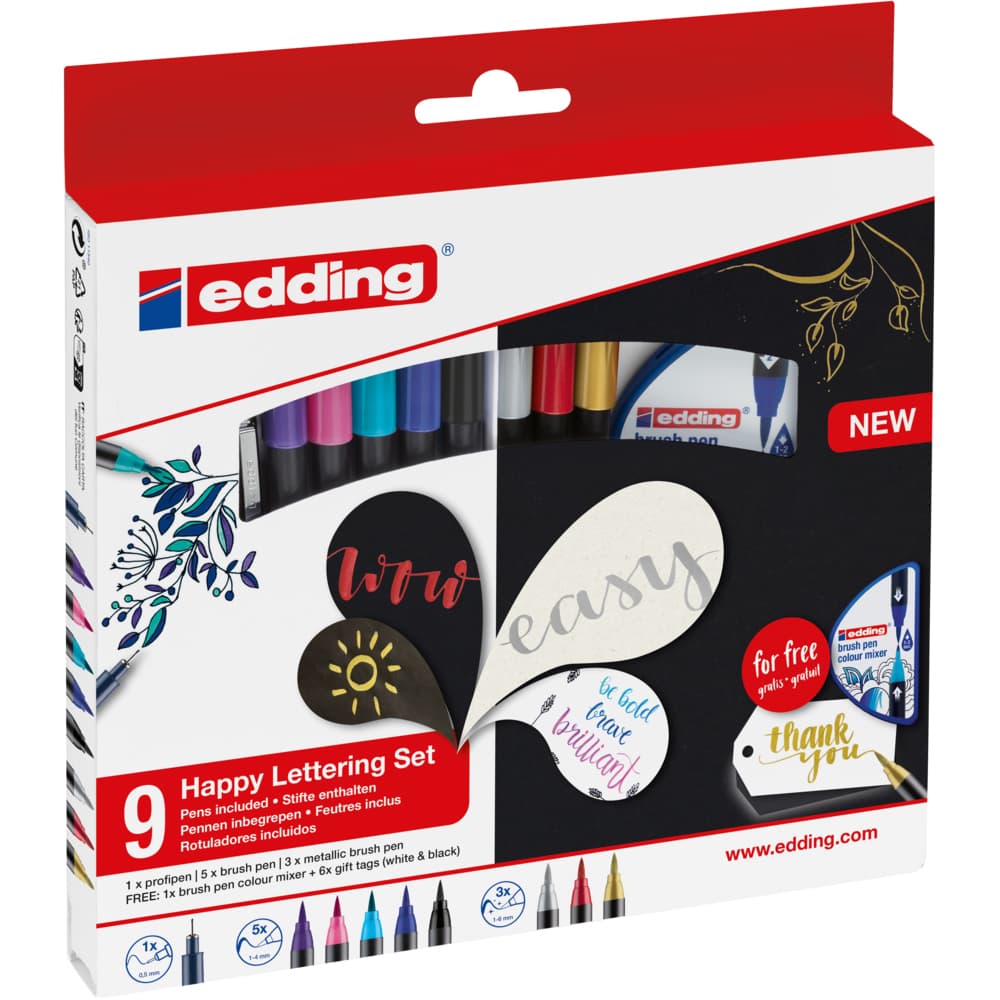 Set felicitari Edding Colour Happy, 9+2 piese, culori vii si metalice, include taguri cadou si mixer pensule