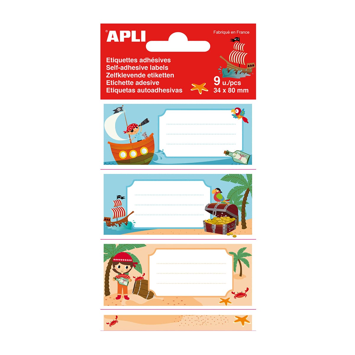 Etichete scolare Apli 81x36 mm, 3 file, design pirati