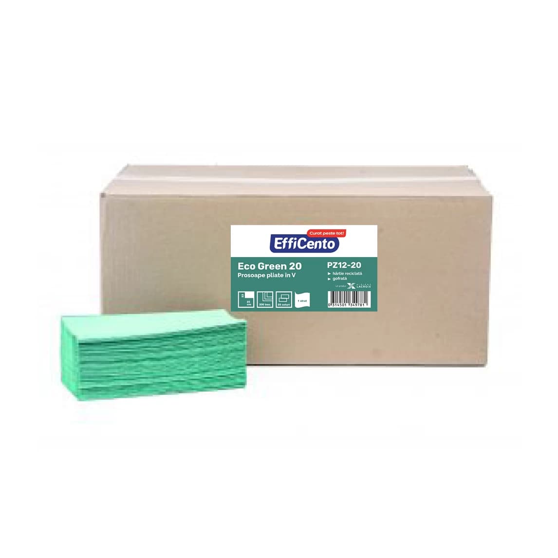 Prosoape hartie pliate in V, 1 strat, verzi, Efficento EcoGreen, 200 buc/ set
