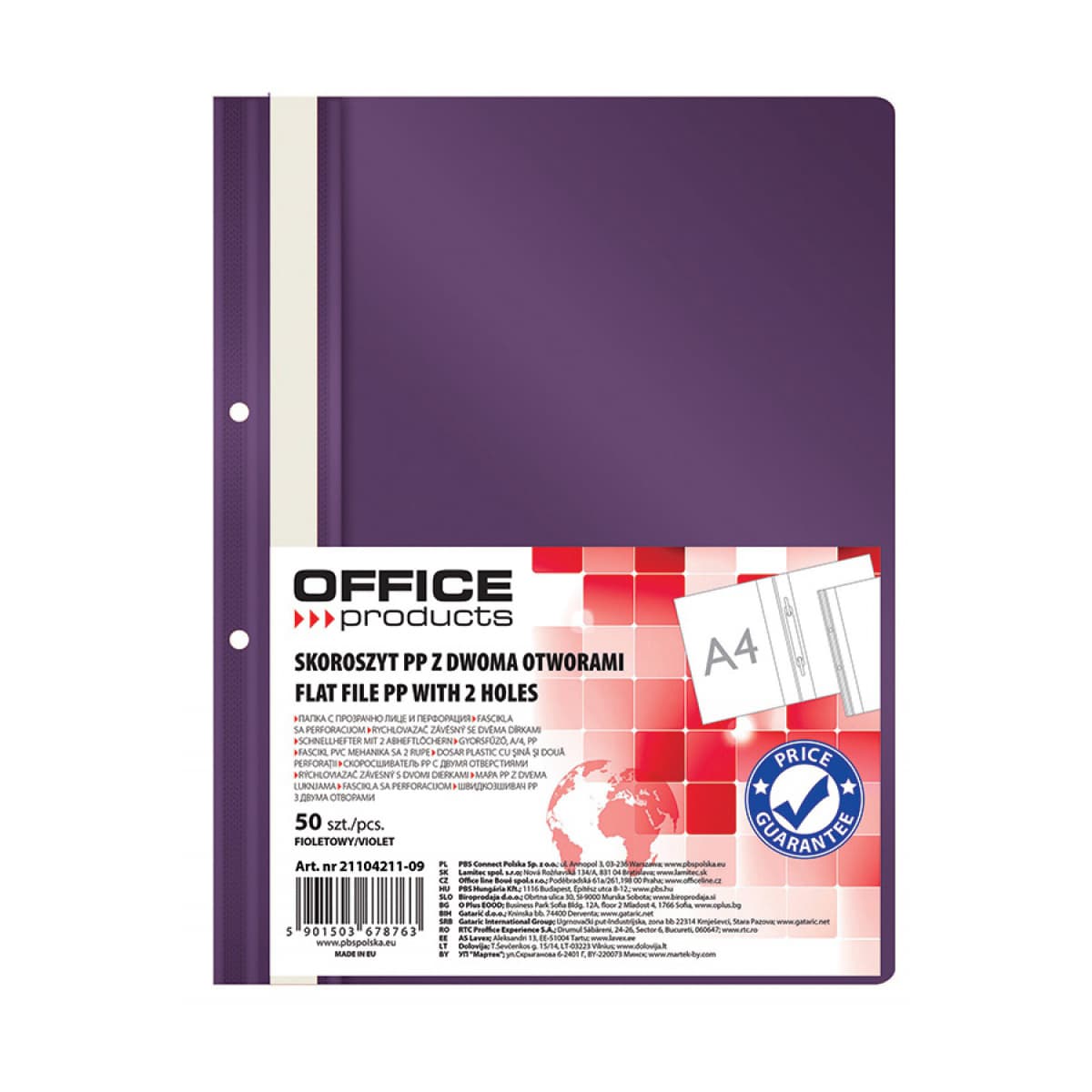Dosar cu sina si 2 perforatii Office Products, A4, plastic, lila, 50 bucati/set