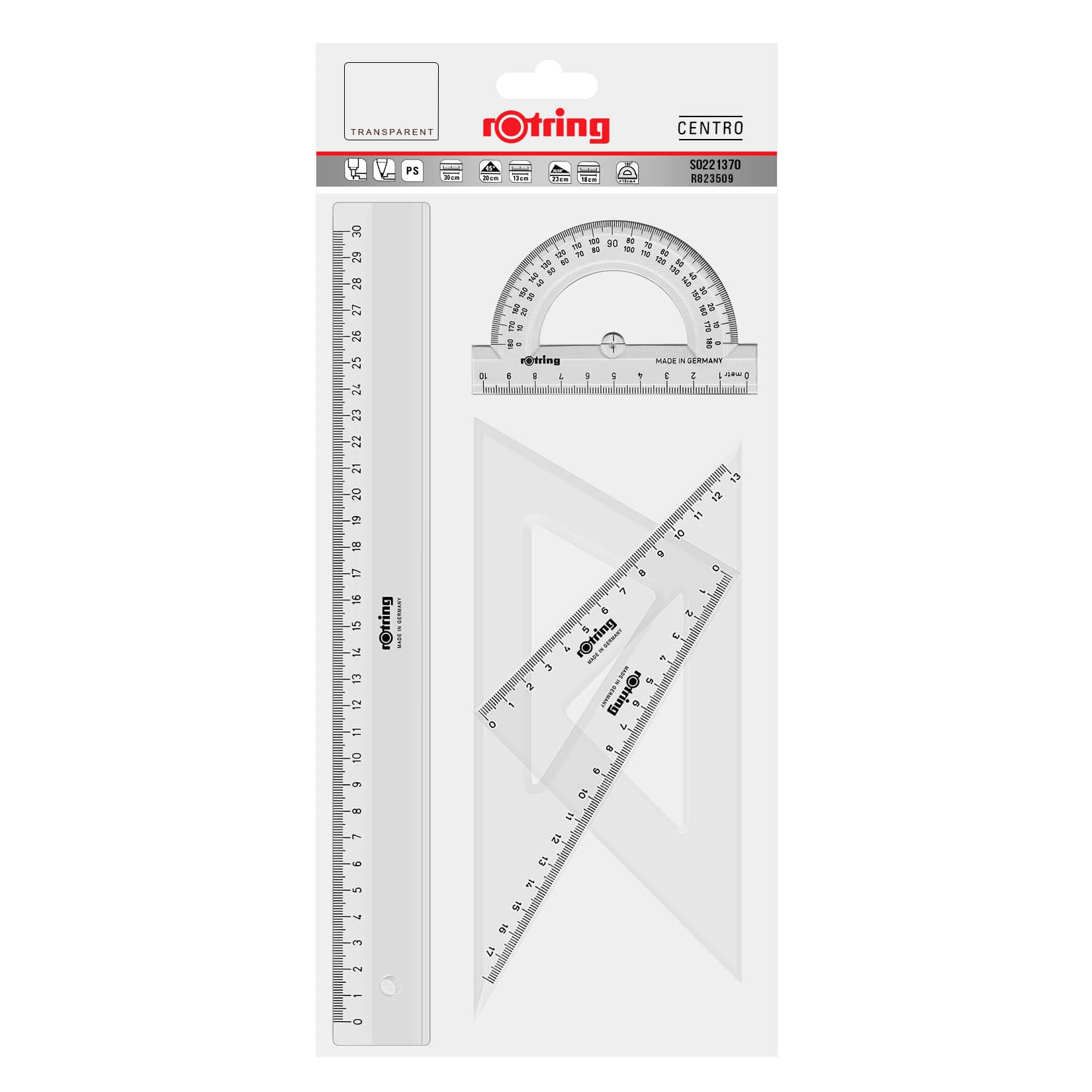 SET GEOMETRIE 4 PIESE ECHER 45/20 ECHER 60/23 RAPORTOR 180 RIGLA ROTRING