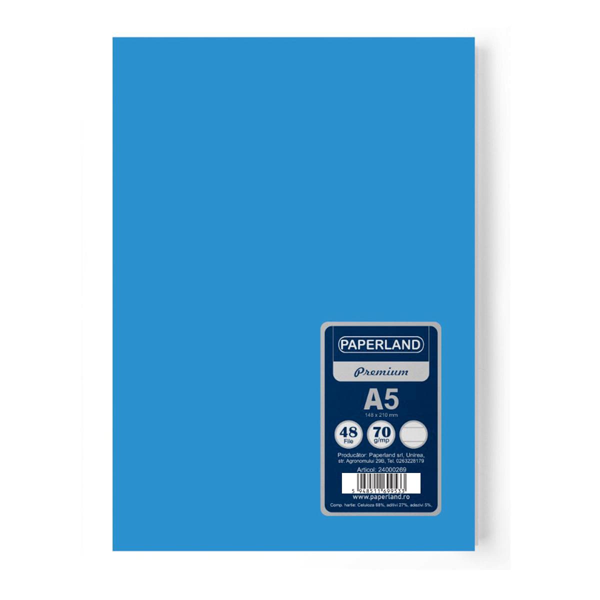 Caiet A5, capsat, velin, 70g, FSC, coperta albastru