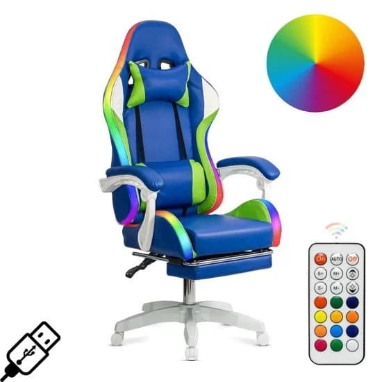 Scaun gaming ergonomic albastru din piele ecologică și bază albă cu iluminare RGB OFF 298