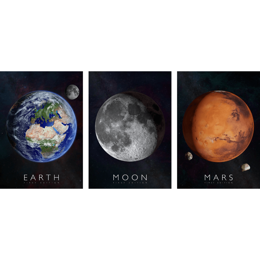 Set 3 postere AR(Realitate Augmentata), Curiscope Multiverse, Pamant, Luna, Marte, format A1
