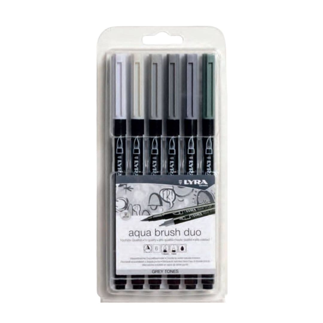 Markere LYRA Aqua Brush Duo, 2 capete (brush + 1mm), 6 culori in tonuri de gri/blister