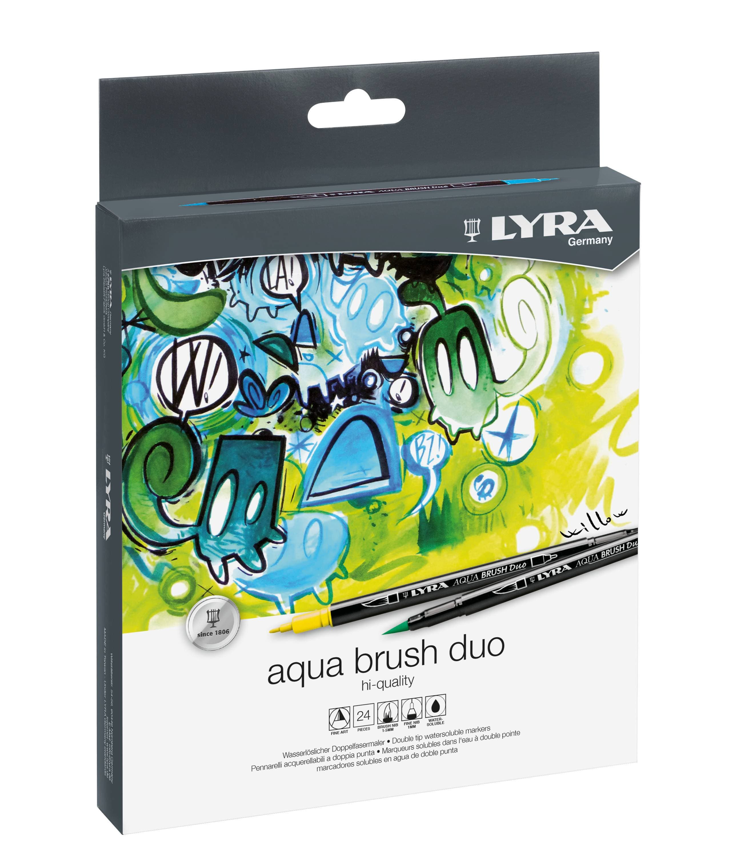 Markere LYRA Aqua Brush Duo, 2 capete (brush + 1mm), 24 culori/cutie