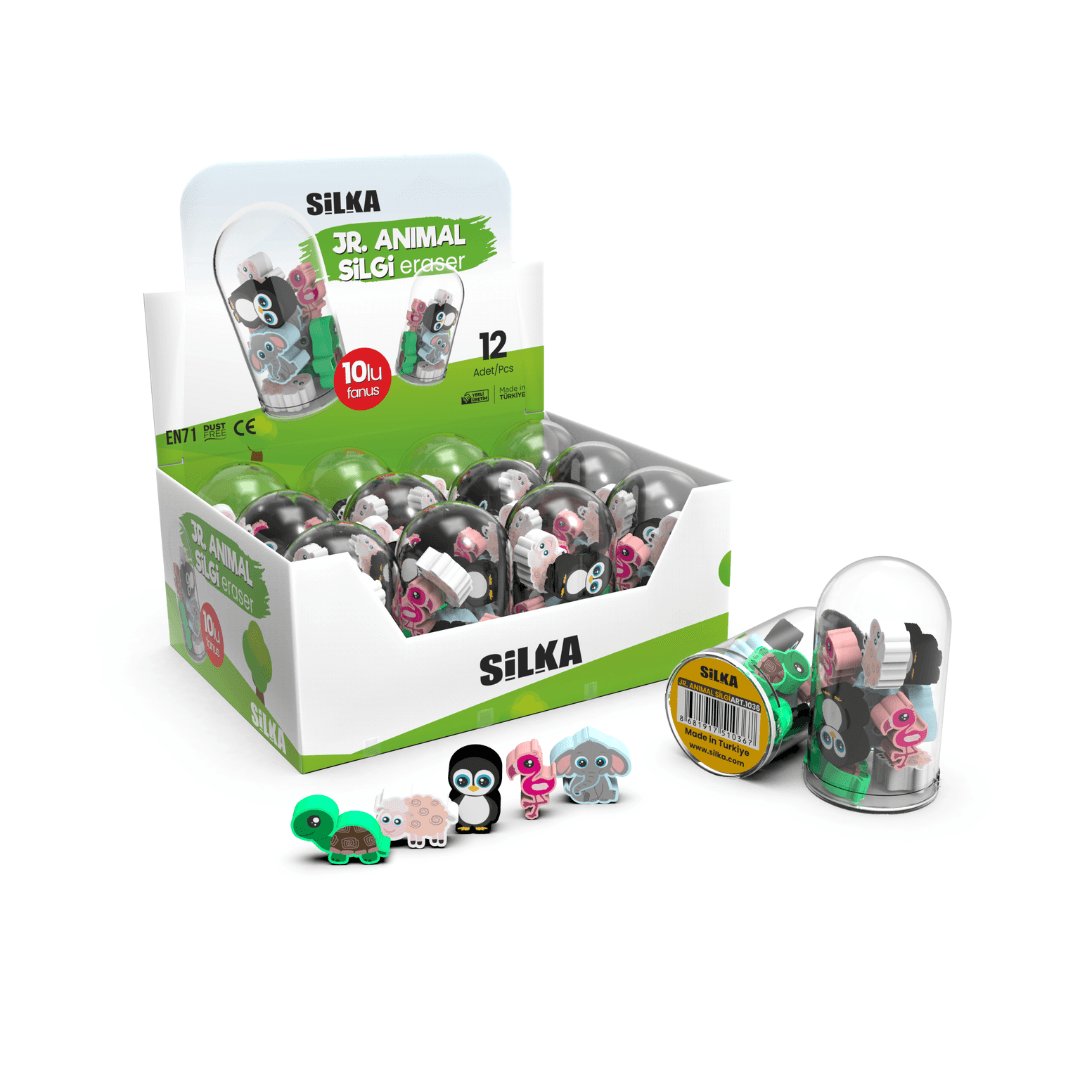 Display cu radiere pt creion, 12 tuburi x 10 mini radiere/display, SILKA JR. Animal - forme animale