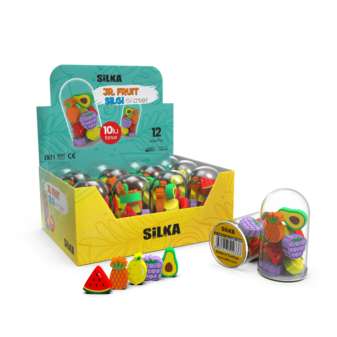 Display cu radiere pt creion, 12 tuburi x 10 mini radiere/display, SILKA JR. Fruit - forme fructe