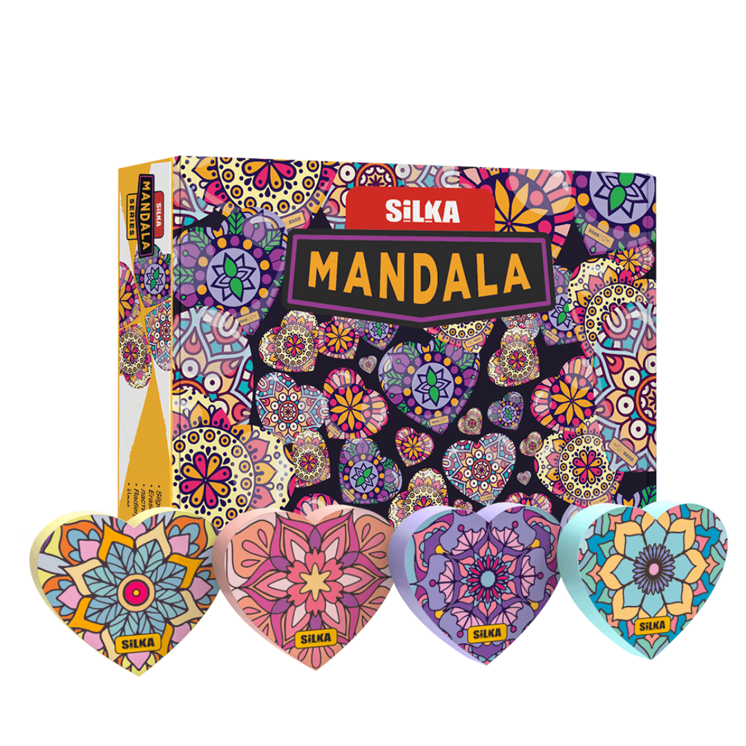 Cutie cu radiere pt creion, nu lasa reziduuri, 36buc/cutie, SILKA Mandala-forma inima, design asorta