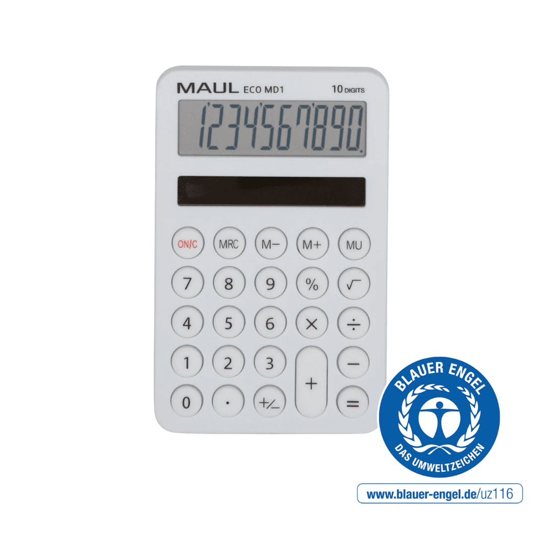 Calculator de buzunar, 10 digits, MAUL ECO MD1, din plastic reciclat, incarcare solara - alb