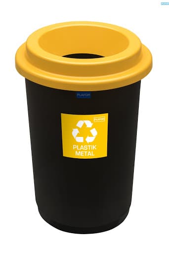 Cos plastic reciclare selectiva, capacitate 50l, PLAFOR Eco - negru cu capac galben - plastic