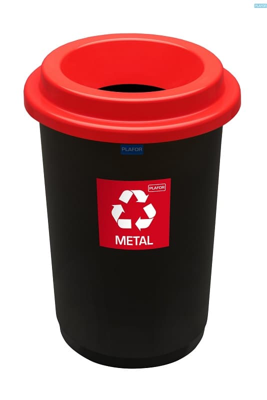 Cos plastic reciclare selectiva, capacitate 50l, PLAFOR Eco - negru cu capac rosu - metal