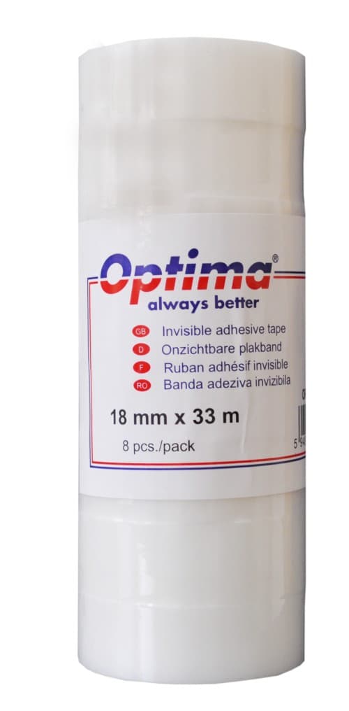 Banda adeziva 18mm x 33 m, 50 microni, Optima - mata, invizibila la copiere - se rupe usor, cu mana